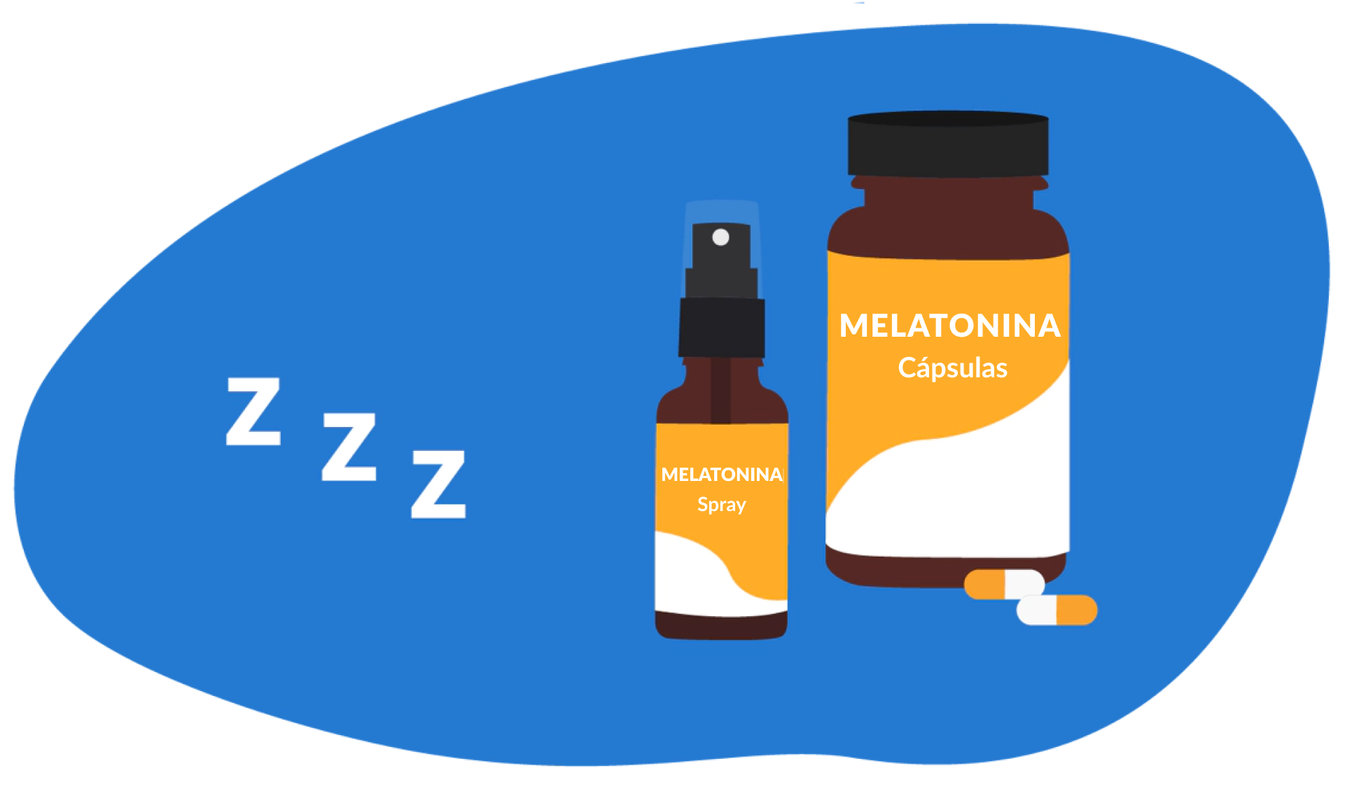 Ilustração de dois frascos de melatonina: cápsulas e spray